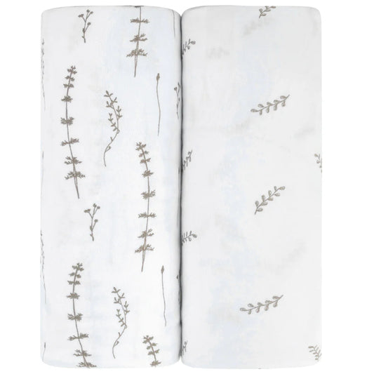 Ely's and Co Bassinet Sheet 2 Pack Forest Grey Leaf + Floral