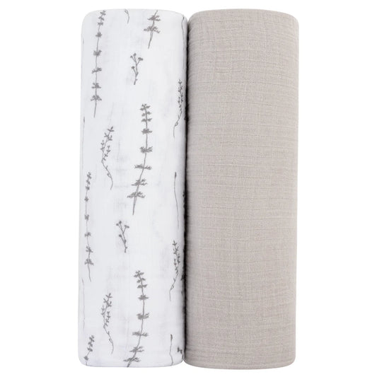 Ely's and Co 2 Pack Muslin Swaddles - Forest Grey Delicate Leaves + Solid Pebble Grey