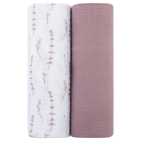 Ely's and Co 2 Pack Muslin Swaddles - Delicate Leaves + Solid Lavender