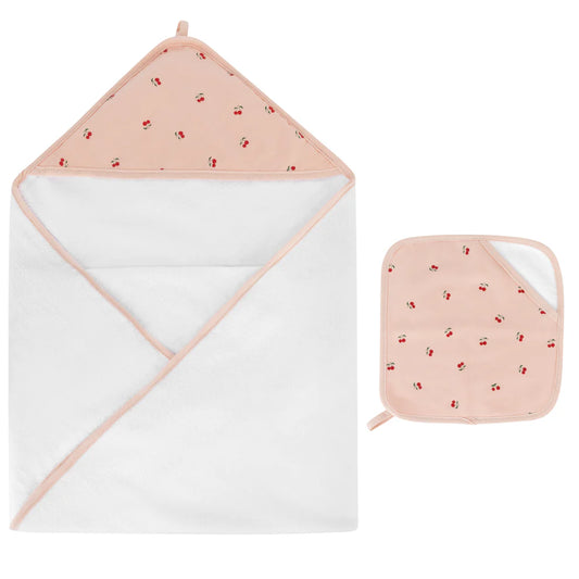 Ely's and Co Hooded Towel with Pocket Wash Cloth Pink Cherries