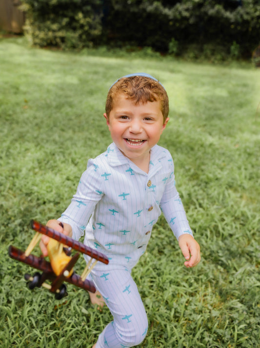Little Label Blue Airplane Print Grandpa Pajama