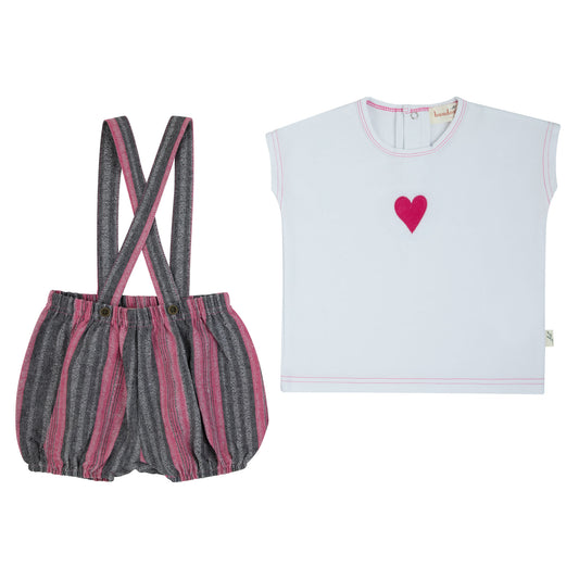 Bondoux Black and Pink Striped Short Overalls Set