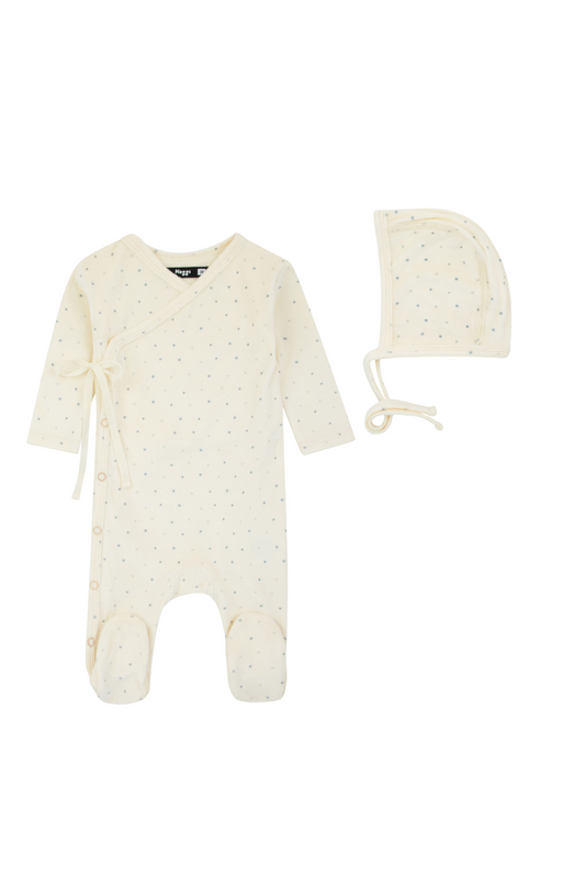 Noggi Dot Pattern Velour Wrap Footie +Bonnet Boy