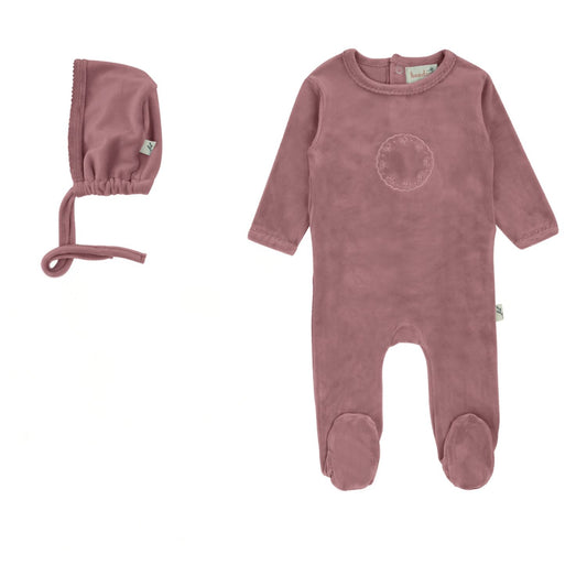 Bondoux Bow Velour Footie + Hat -Blush