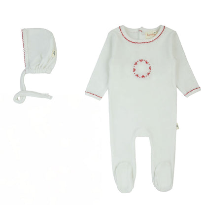 Bondoux Bow Velour Footie + Hat -White & Red