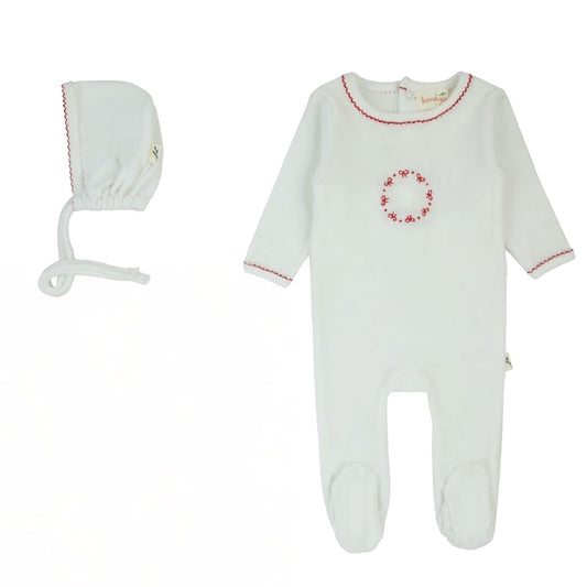 Bondoux Bow Velour Footie + Hat -White & Red