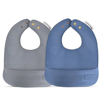 Bleu La La Soft Vegan Leather Easy Clean Bibs 0-12 Months: Steel Blue & Grey