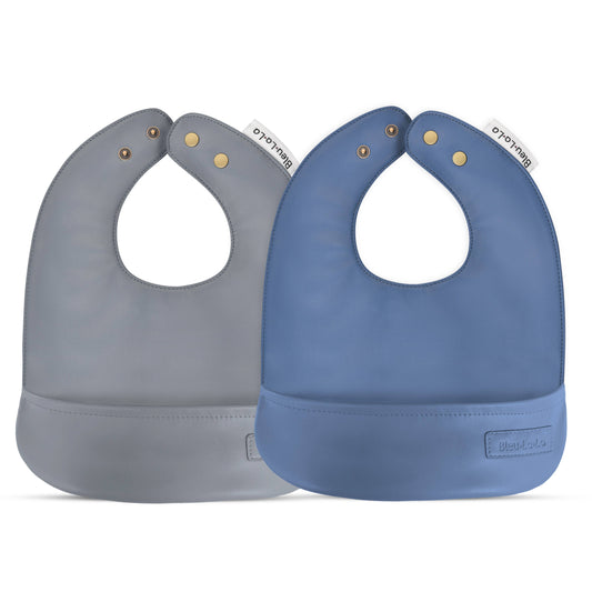 Bleu La La Soft Vegan Leather Easy Clean Bibs 0-12 Months: Steel Blue & Grey