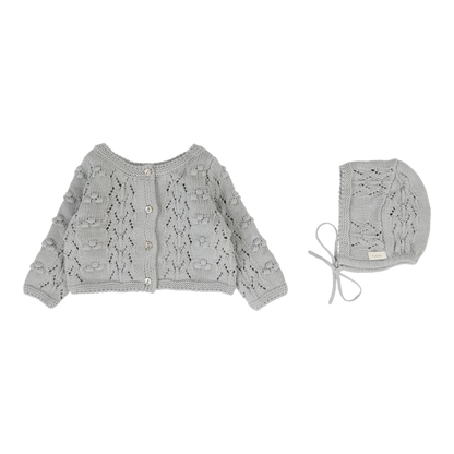 Lilette Popcorn Weave Cardigan + Hat - Light Blue