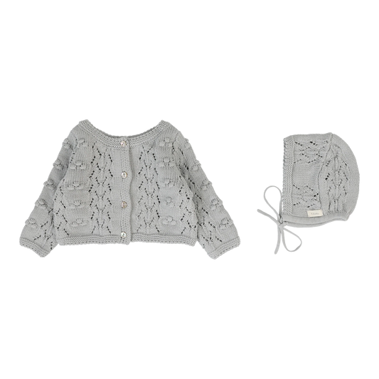Lilette Popcorn Weave Cardigan + Hat - Light Blue