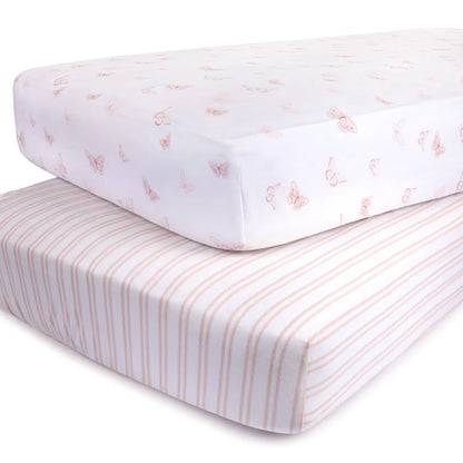 Ely's and Co Pack n Play Sheet 2 Pack Pink Butterflies + Stripes