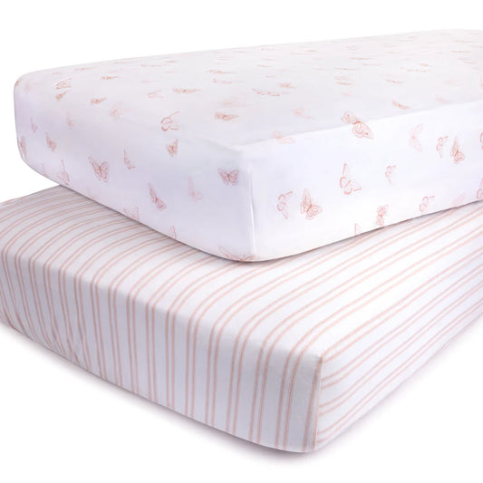 Ely's and Co Pack n Play Sheet 2 Pack Pink Butterflies + Stripes