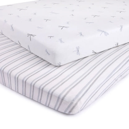 Ely's and Co Pack n Play Sheet 2 Pack Blue Dragonflies + Stripes