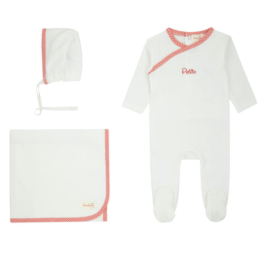 Bondoux Petite Red Gingam Trim White Layette Set