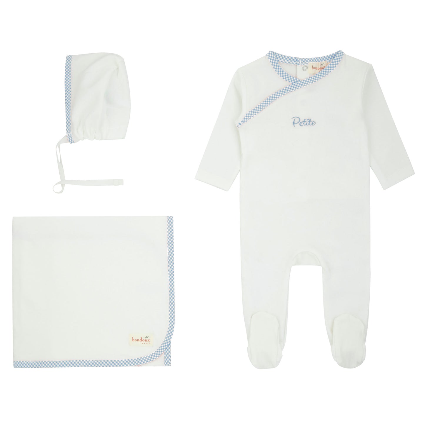 Bondoux Petite Blue Gingam Trim White Layette Set