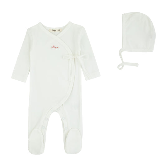 Noggi Lil Love Embroidered Wrap Footie+Hat- Ivory/Red