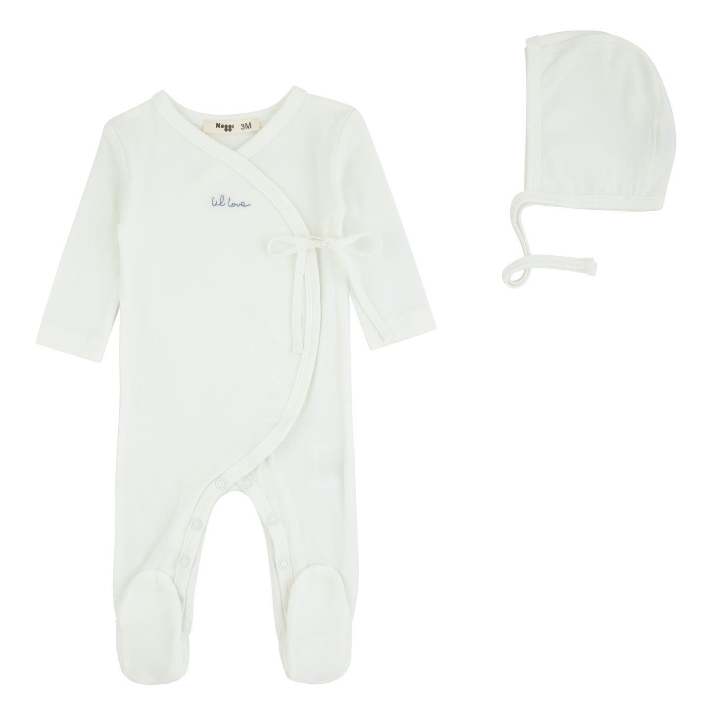 Noggi Lil Love Embroidered Wrap Footie+Hat- Ivory/Blue