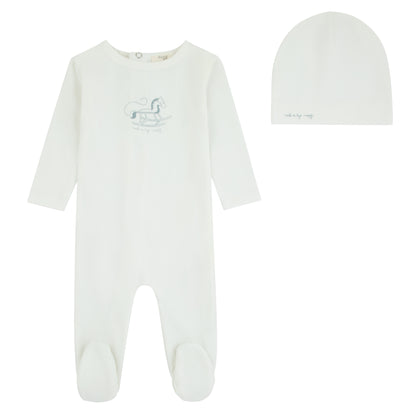 Noggi Rocking Horse Footie+Bonnet- Blue Print