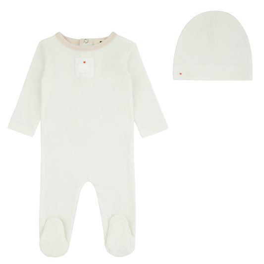 Noggi Teddy Patch Layette Footie+Hat- Tan Print