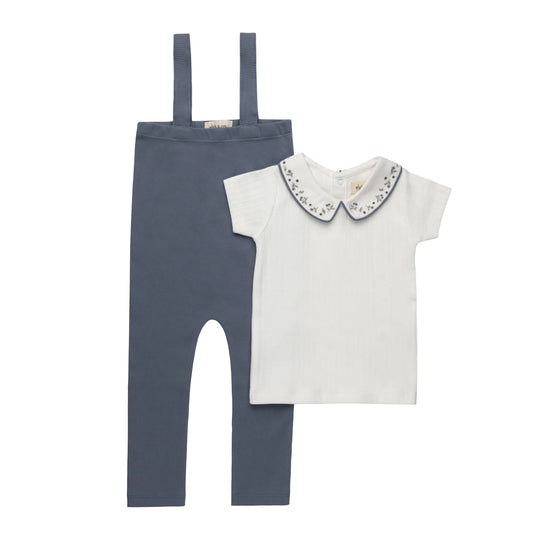 Ely's and Co Floral Embroidered Collar Collection Overall and Cardigan Set - Ivory Blue