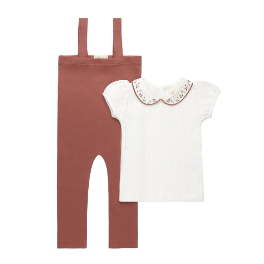 Ely's and Co Floral Embroidered Collar Collection Overall and Cardigan Set- Ivory Pink