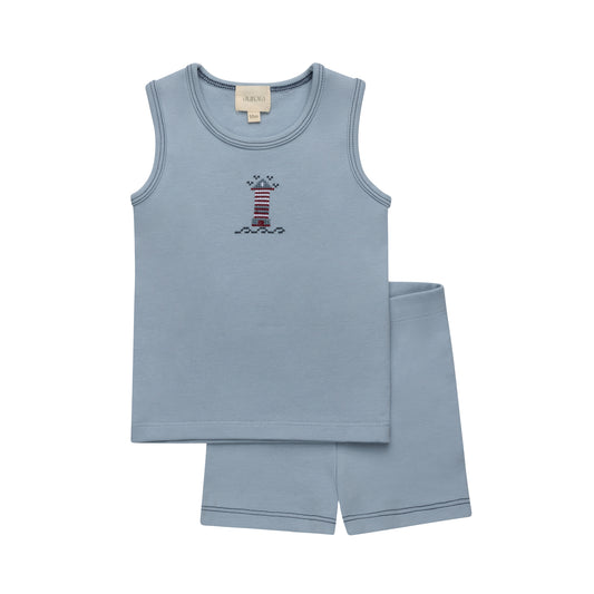 Aurora Cotton Crossstich Lighthouse Collection Tshirt and Shorts Set -Blue