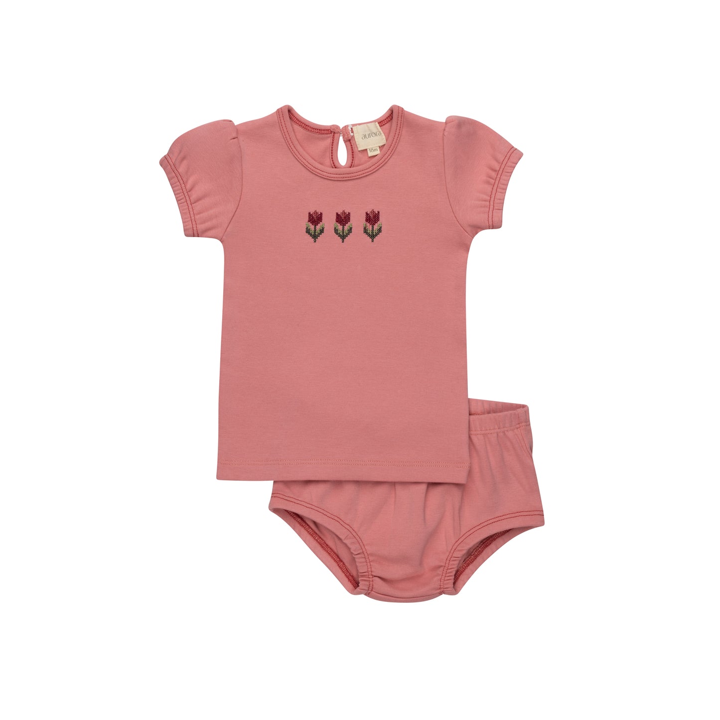 Aurora Cotton Crossstich Tulip Collection Tshirt and Bloomer Set- Pink