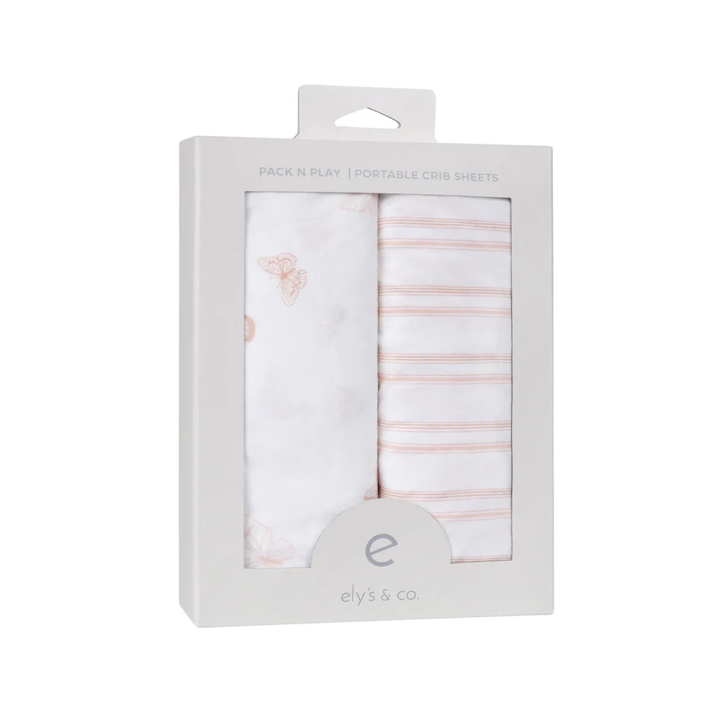 Ely's and Co Pack n Play Sheet 2 Pack Pink Butterflies + Stripes