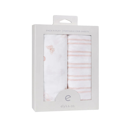 Ely's and Co Pack n Play Sheet 2 Pack Pink Butterflies + Stripes