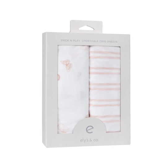 Ely's and Co Pack n Play Sheet 2 Pack Pink Butterflies + Stripes