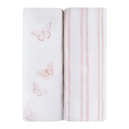 Ely's and Co Bassinet Sheet 2 Pack Pink Butterflies + Stripes