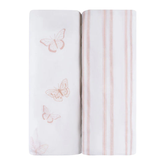 Ely's and Co Bassinet Sheet 2 Pack Pink Butterflies + Stripes