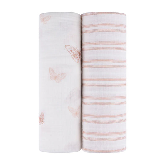 Ely's and Co 2 Pack Muslin Swaddles - Pink Butterflies + Stripes