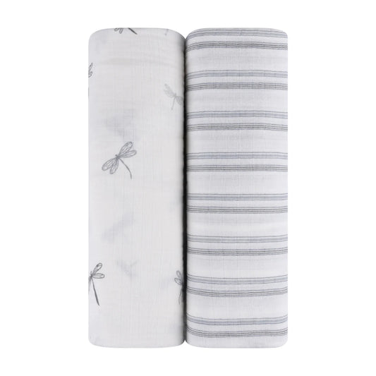 Ely's and Co 2 Pack Muslin Swaddles - Blue Drangonflies + Stripes