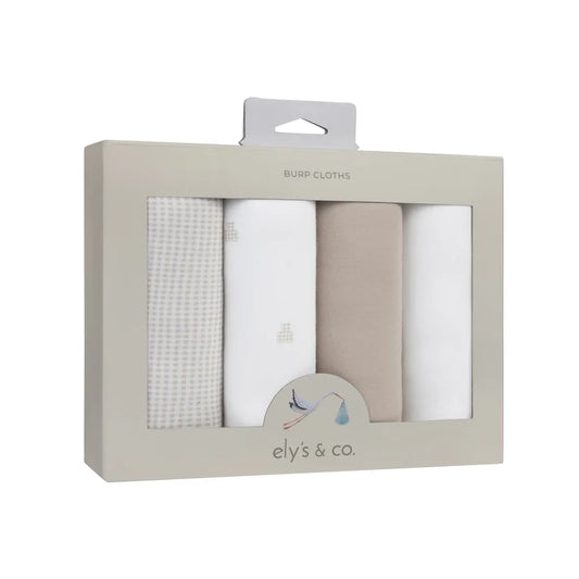 Ely's and Co 4 Pack Jersey Absorbant Burp Cloths - Gingham Bear -Tan