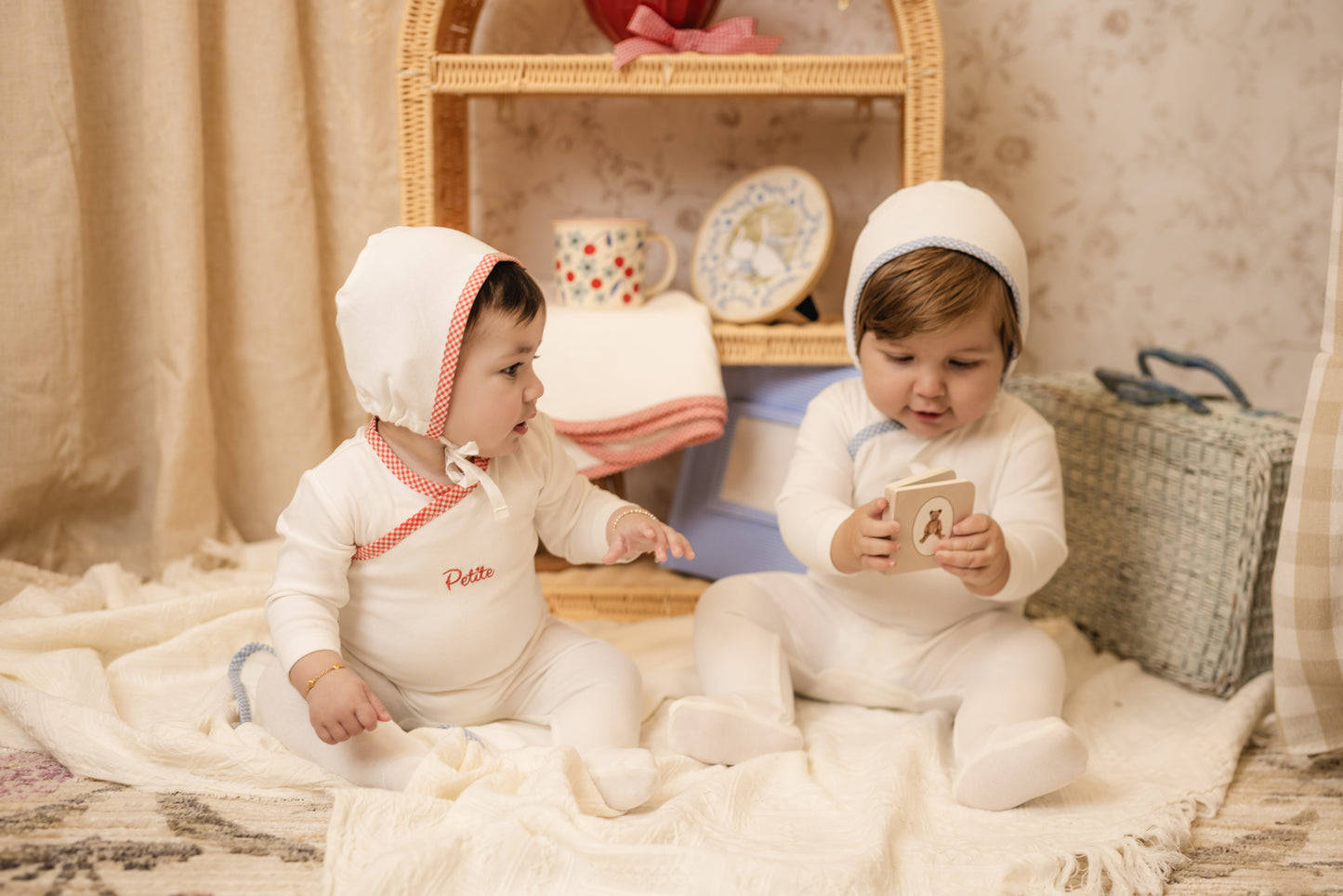 Bondoux Petite Red Gingam Trim White Layette Set