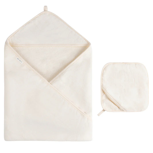 Ely's and Co Cream Scalloped Hooded Towel with Pocket Wash Cloth