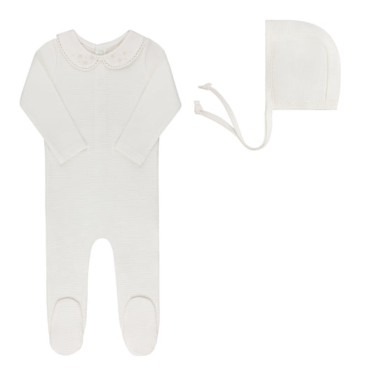 Ely's and Co Ivory Ribbed Embroidered Collar Collection Footie + Bonnet - Girl
