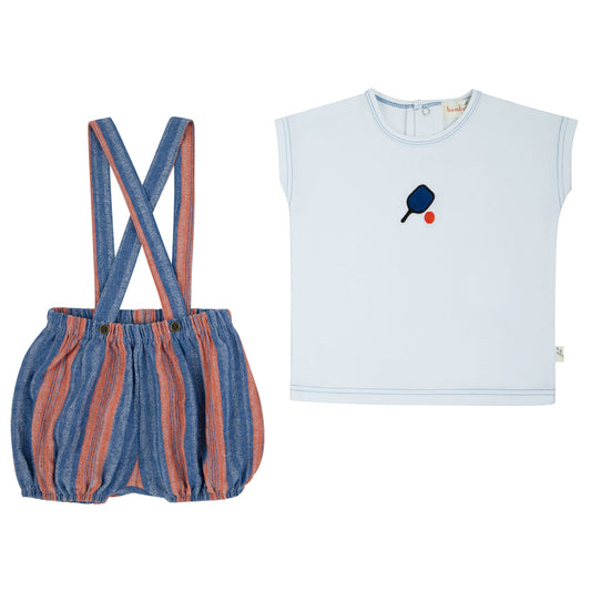 Bondoux Blue and Orange Striped Short Overalls Set