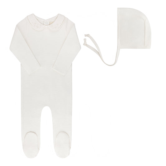 Ely's and Co Ivory Ribbed Embroidered Collar Collection Footie + Bonnet - Boy