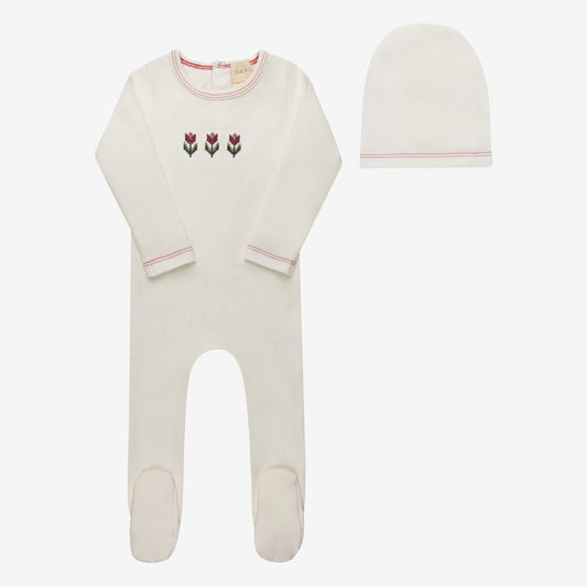 Aurora Cotton Crossstich Tulip Collection Footie Set- Ivory Pink