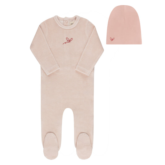 Ely's and Co Light Pink Velour Stripe Collection Footie+Hat