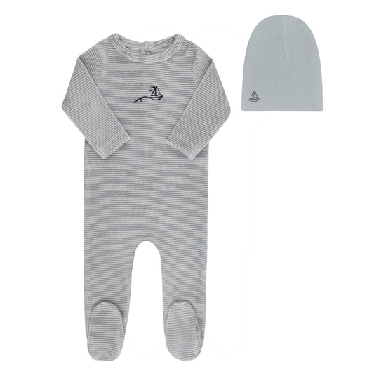 Ely's and Co Light Blue Velour Stripe Collection Footie+Hat