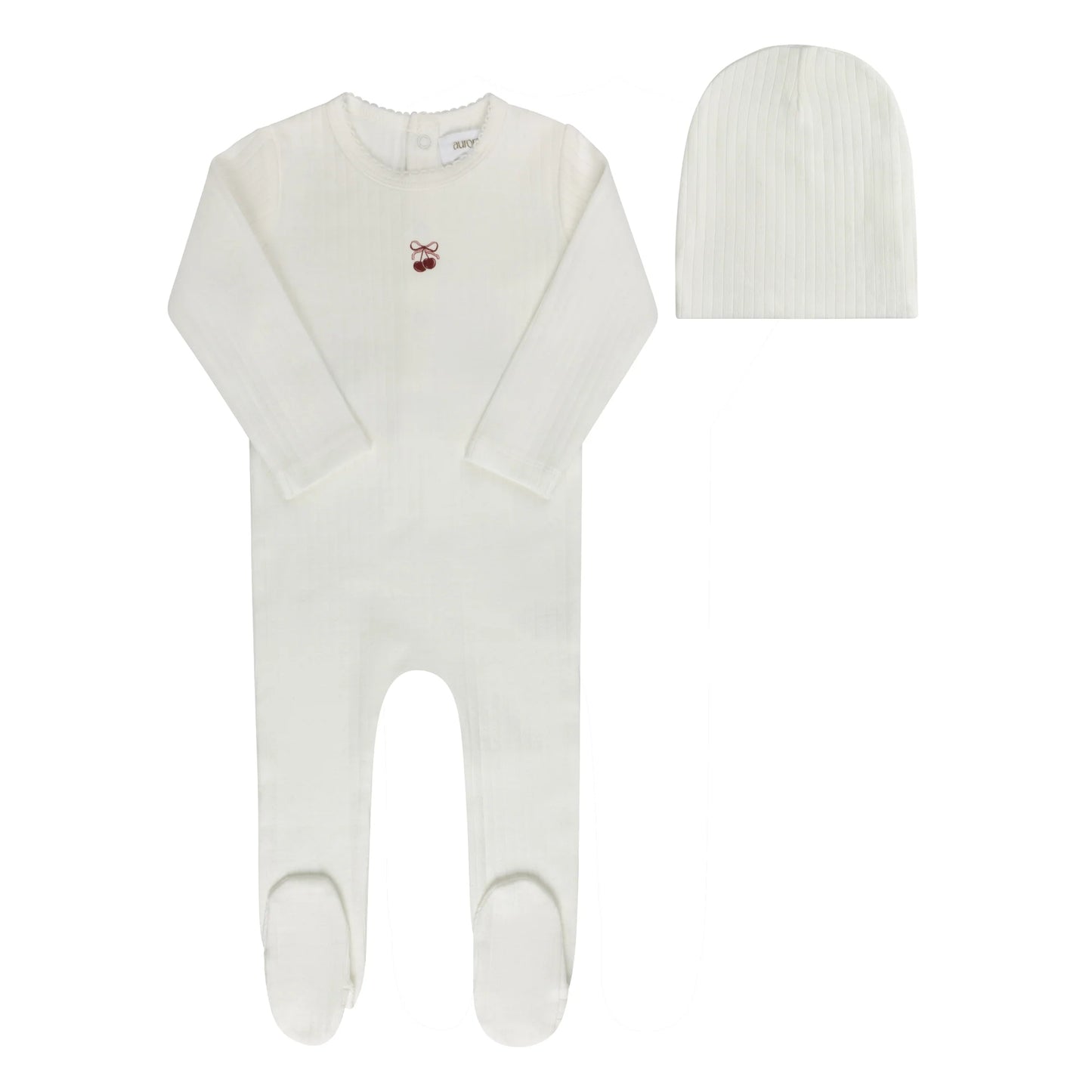 Aurora Pointelle Bow Print Collection Footie Set- Ivory Pink
