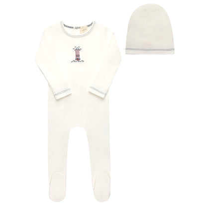 Aurora Cotton Crossstich Lighthouse Collection Footie Set- Ivory/Blue