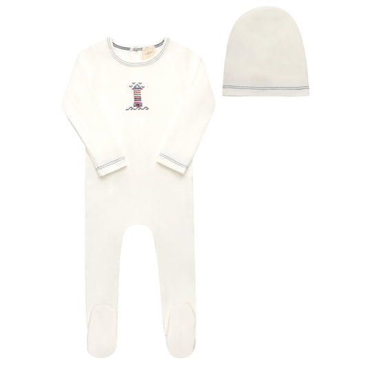 Aurora Cotton Crossstich Lighthouse Collection Footie Set- Ivory/Blue