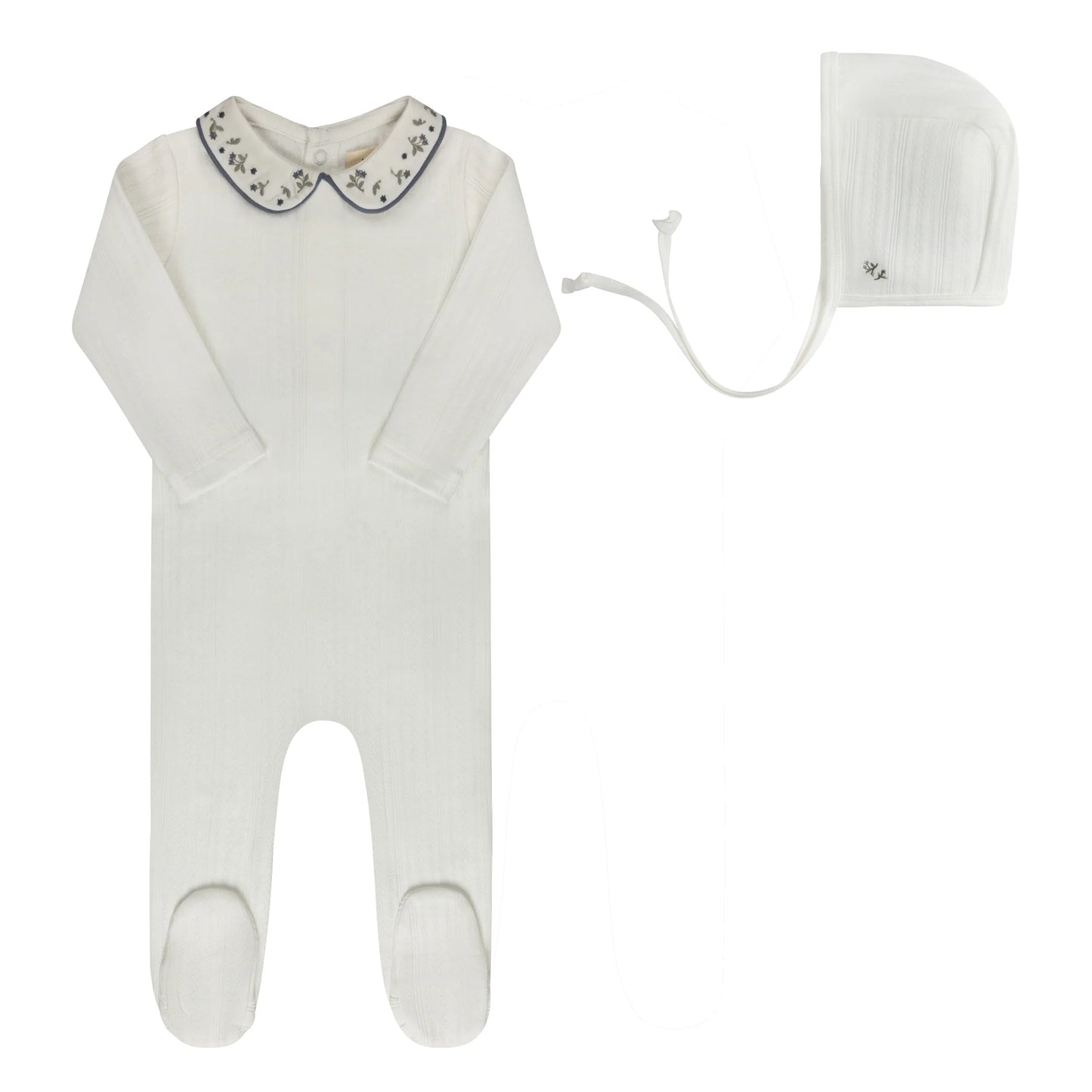 Ely's and Co Floral Embroidered Collar Collection Footie Set - Ivory Blue