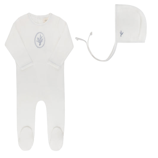 Ely's and Co Ivory/Blue Velour Center Floral Collection Footie+Bonnet