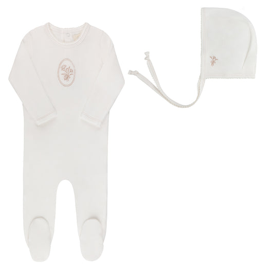 Ely's and Co Ivory/Rose Gold Velour Center Floral Collection Footie+Bonnet
