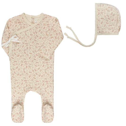 Ely's and Co Modal French Terry Collection Footie+Bonnet - Ivory/Pink